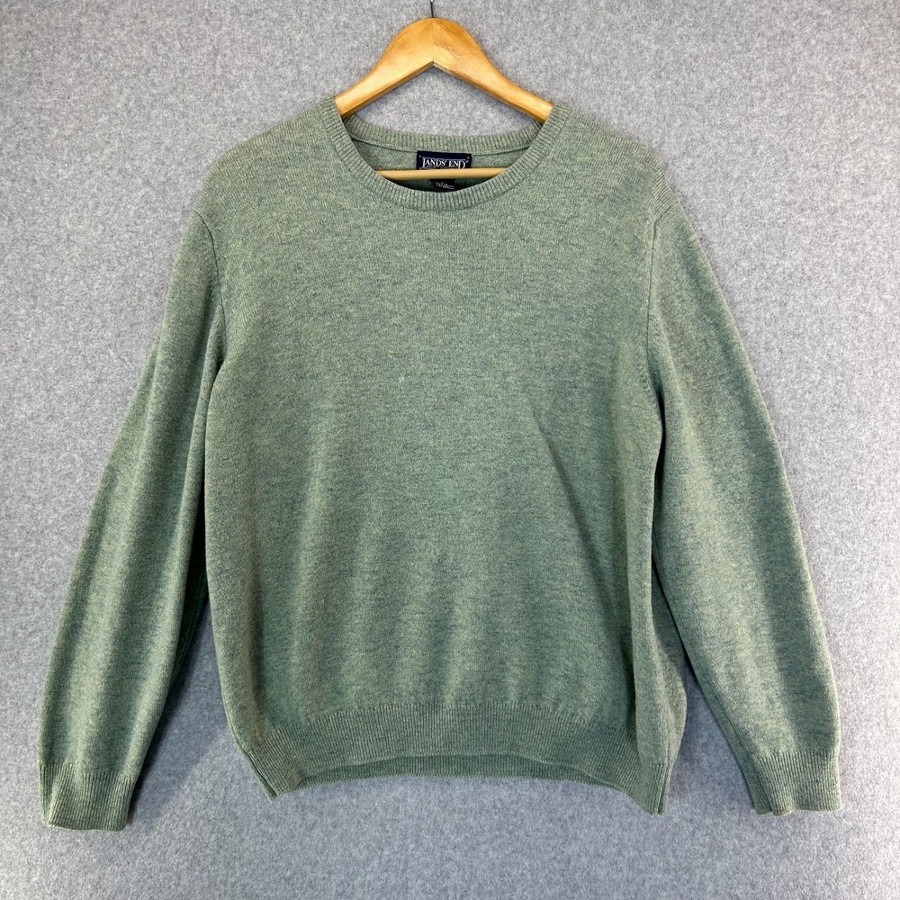 Lands End 100% Lambswool Jade Green Crewneck Sweater Vintage Womens Large 14/16